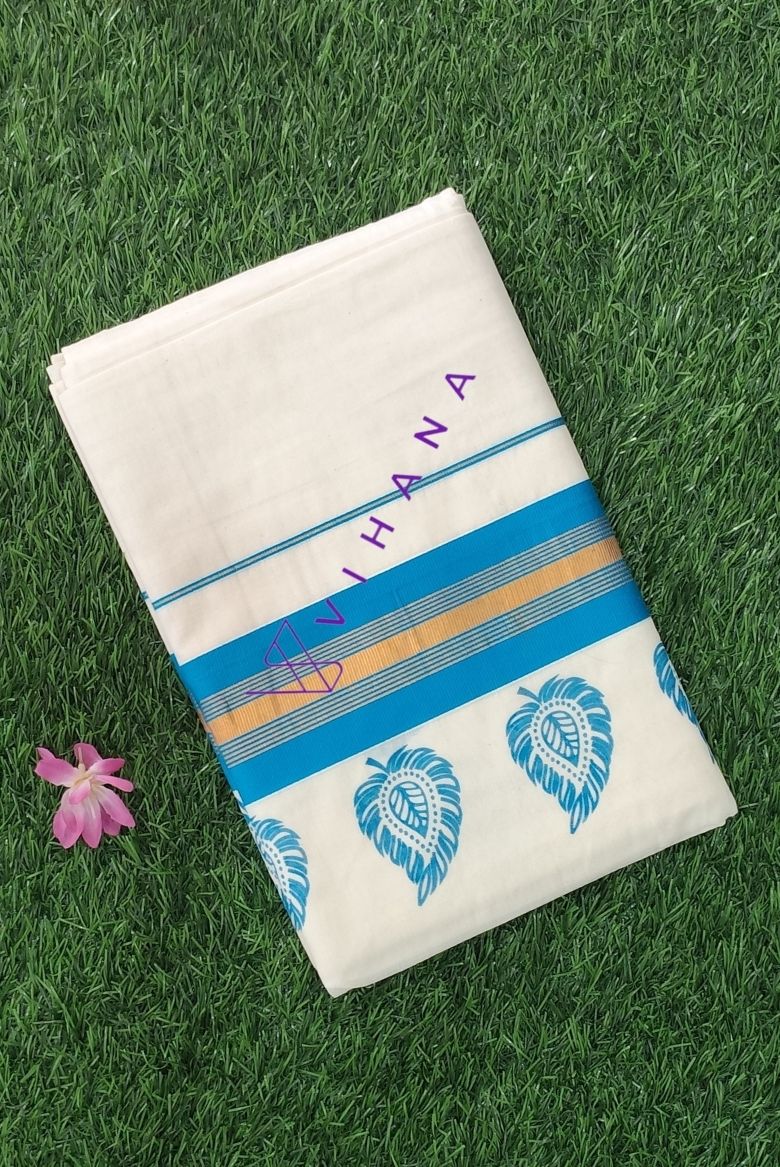 Stunning Blue-Bordered Cotton Set Saree With Traditional Leaf Prints