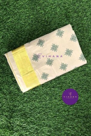 Kerala Golden Tissue Set Saree with Golden Kasavu Border and Green Leaf Prints