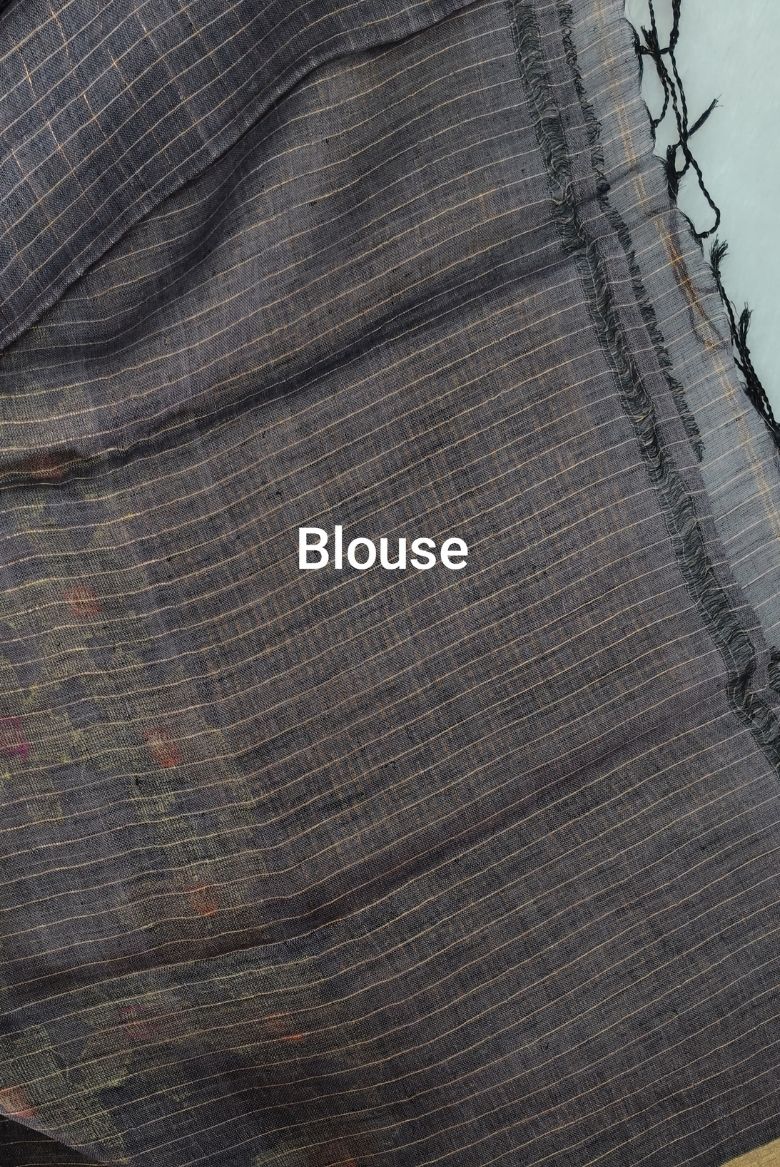 Grey Linen Cotton Jamdhani Weave Saree - Image 3