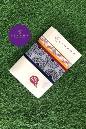 Traditional Kerala Cotton Set Saree with Mandala Patterns and Vibrant Leaf Motifs