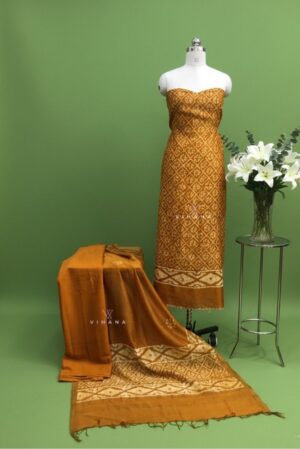 Premium Maheswari Silk Batik Print Salwar Suit – Mustard Yellow with Gicha Border