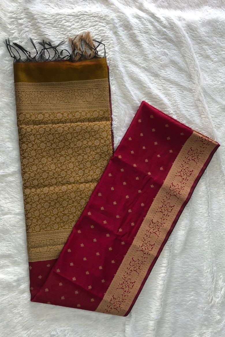 Premium Pure Handloom Cotton Saree Beetroot Red and Gold Elegance - Image 3