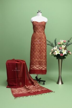 Premium Maheswari Silk Batik Print Salwar Suit – Dark Red with Gicha Border