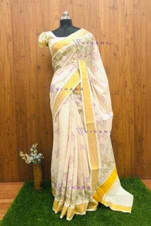 Traditional Kerala Cotton SetSaree with Lavender Lotus 3D Digital Print
