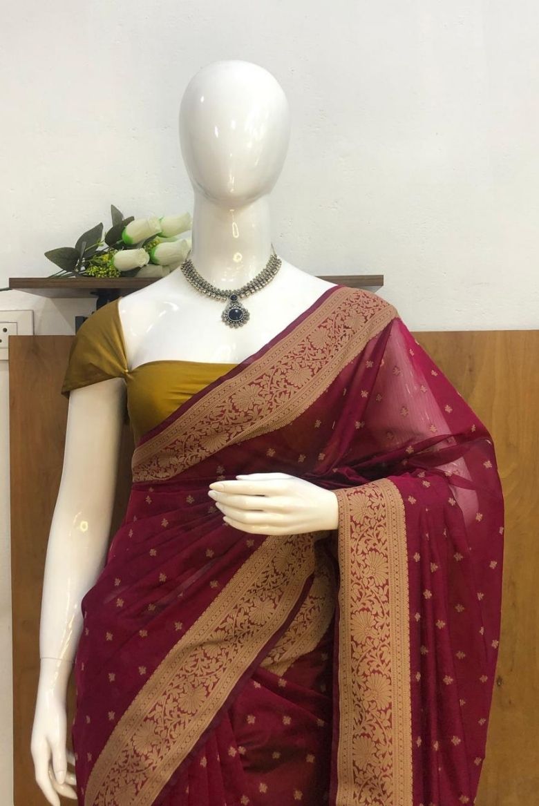 Premium Pure Handloom Cotton Saree Beetroot Red and Gold Elegance - Image 4