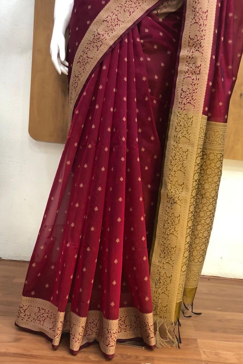 Premium Pure Handloom Cotton Saree Beetroot Red and Gold Elegance - Image 5