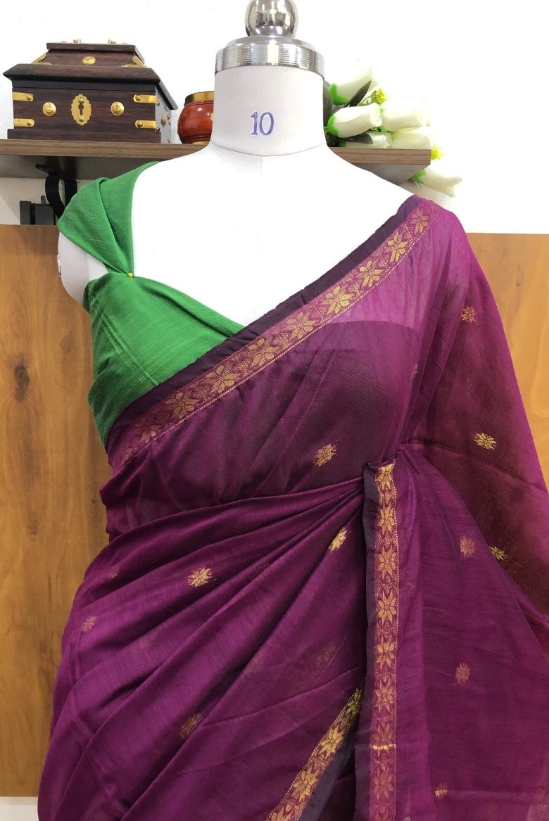 Innovative Dark Wine Maheswari Silk Cotton Saree - Image 3