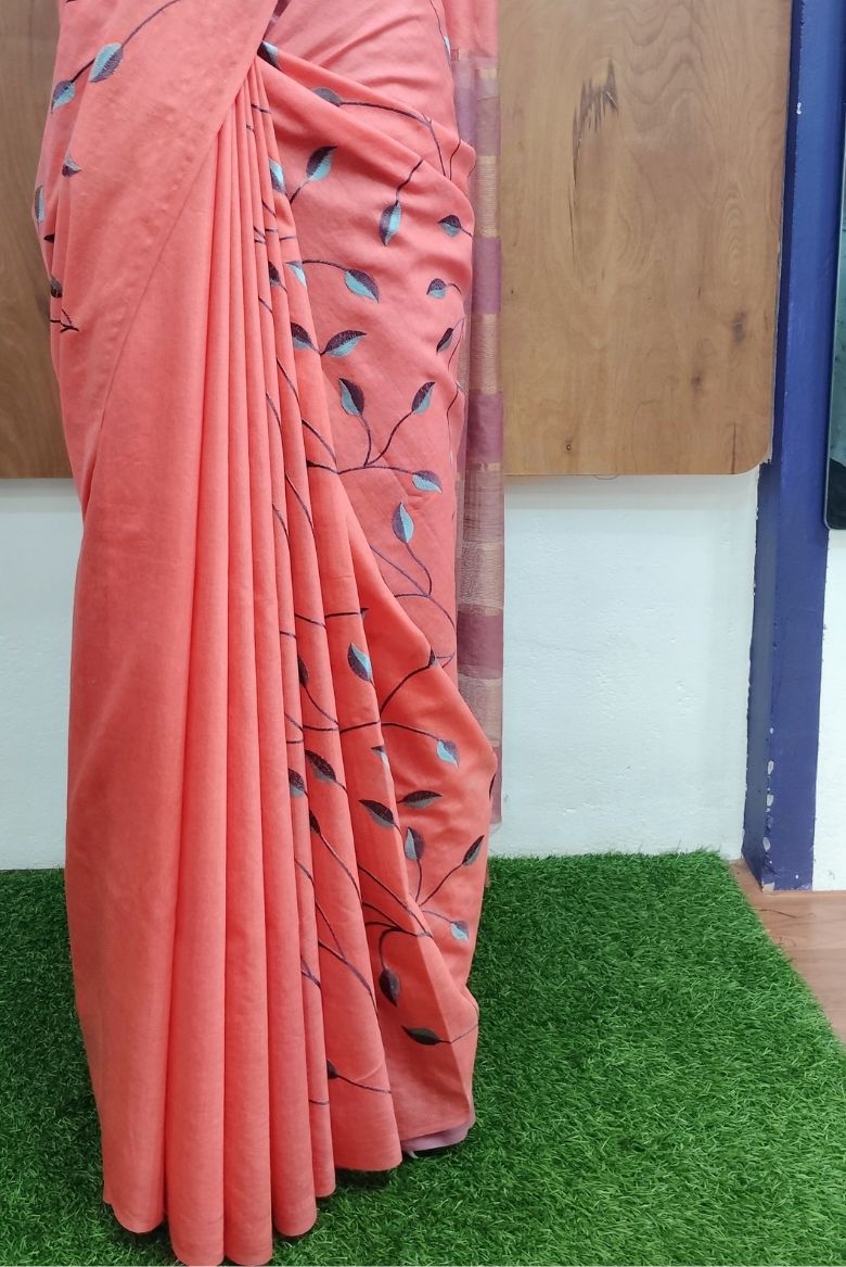 Coral Peach Kota Munga Silk Embroidery Saree - Image 4
