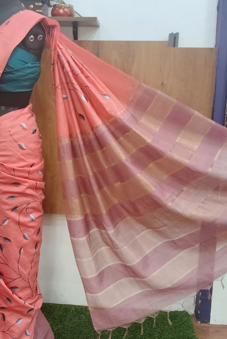 Coral Peach Kota Munga Silk Embroidery Saree - Image 5
