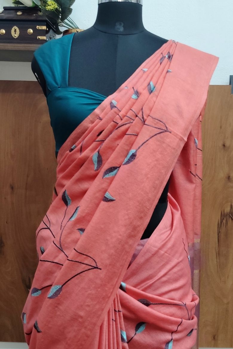 Coral Peach Kota Munga Silk Embroidery Saree - Image 3