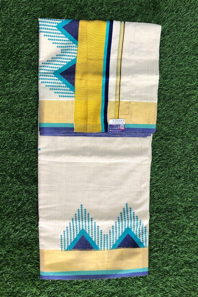 Traditional Kerala Cotton Micro Check Patterned Set Saree with Temple Borders - Image 2