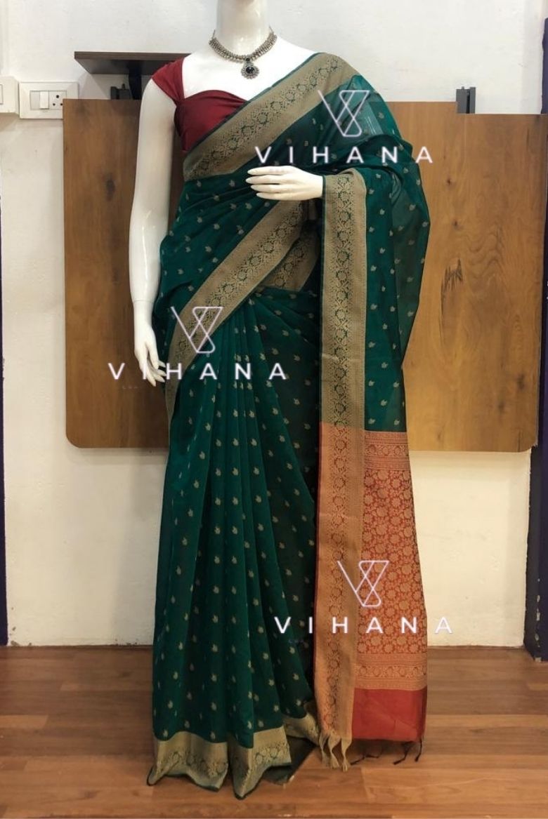 Premium Pure Handloom Cotton Saree Peacock Green and Red Elegance - Image 6