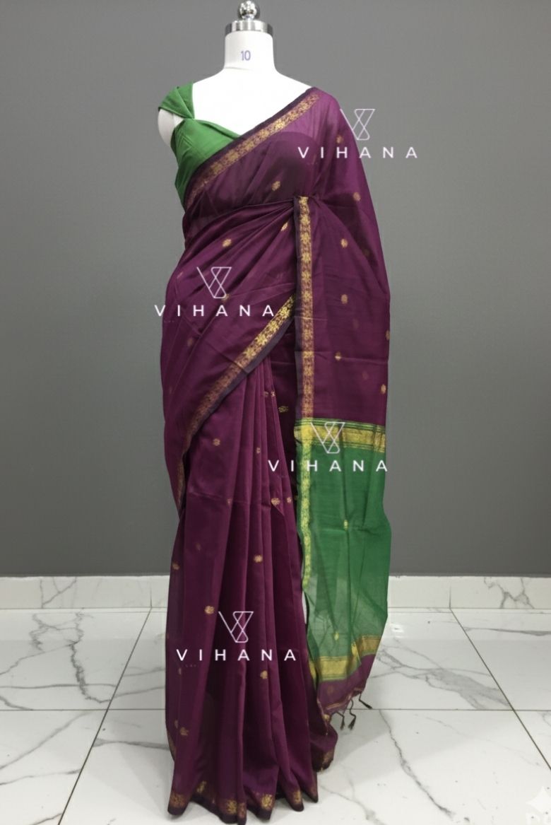 Innovative Dark Wine Maheswari Silk Cotton Saree