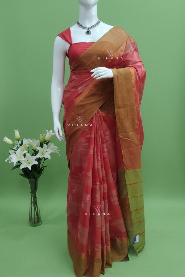 Red-Green Village Cotton Ikat Print Saree