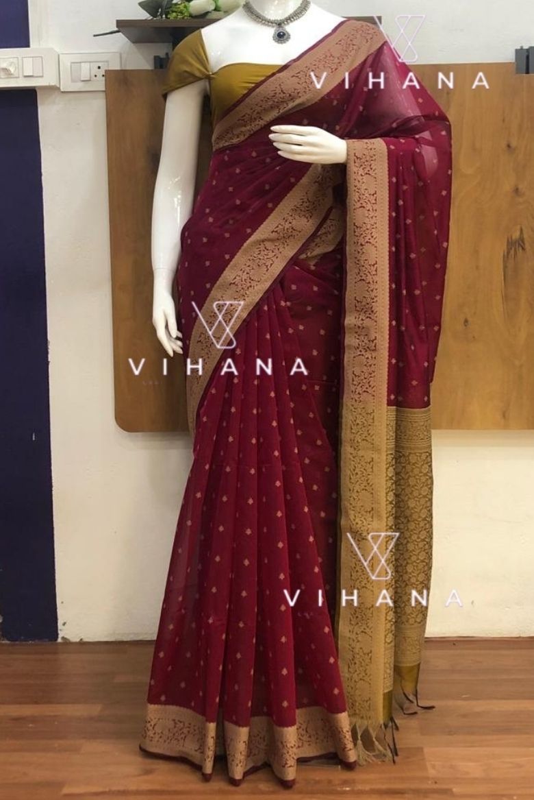 Premium Pure Handloom Cotton Saree Beetroot Red and Gold Elegance - Image 6