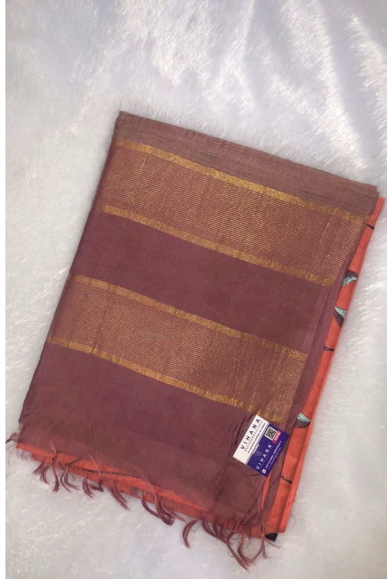 Coral Peach Kota Munga Silk Embroidery Saree - Image 2