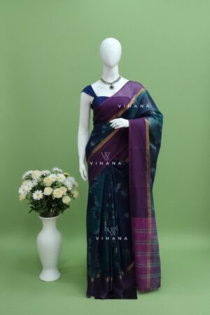 Peacock Blue-Magenta Village Cotton Ikat Print Saree