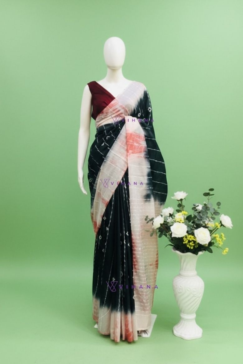 Elegant Black-White Kota Semi Tussar Bandini Tie & Dye Saree