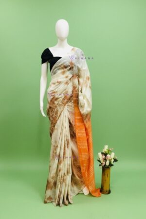 White-Light Brown Kota Semi Tussar Tie&Dye Bandini Print Saree