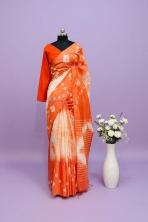 Regal White-Orange Kota Semi Tussar Bandini Tie & Dye Saree