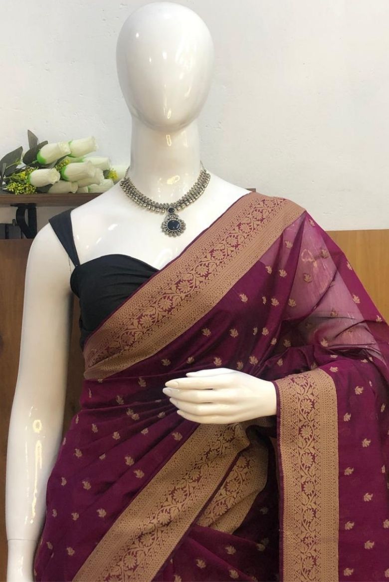 Premium Pure Handloom Cotton Saree Dark Magenta and Black Elegance - Image 4