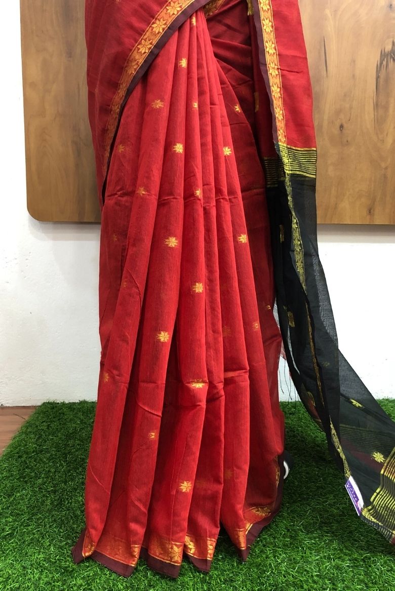 Rust Orange Maheswari Silk Cotton Saree - Image 4