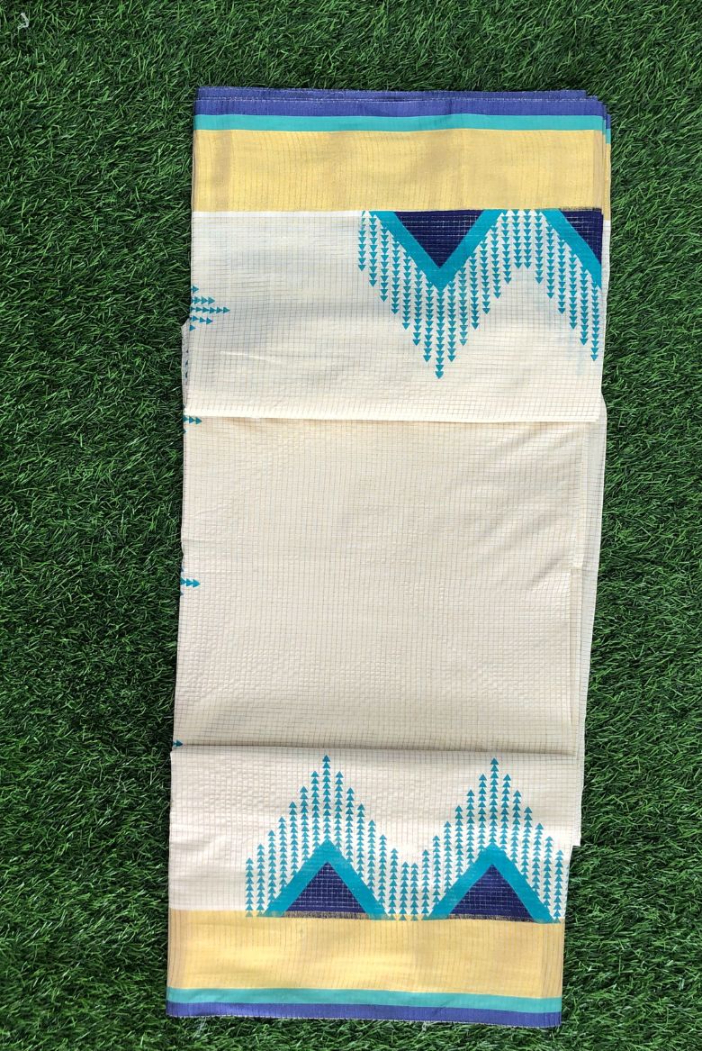 Traditional Kerala Cotton Micro Check Patterned Set Saree with Temple Borders - Image 3