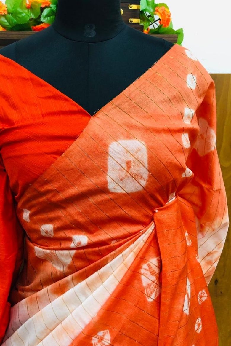 Regal White-Orange Kota Semi Tussar Bandini Tie & Dye Saree - Image 3