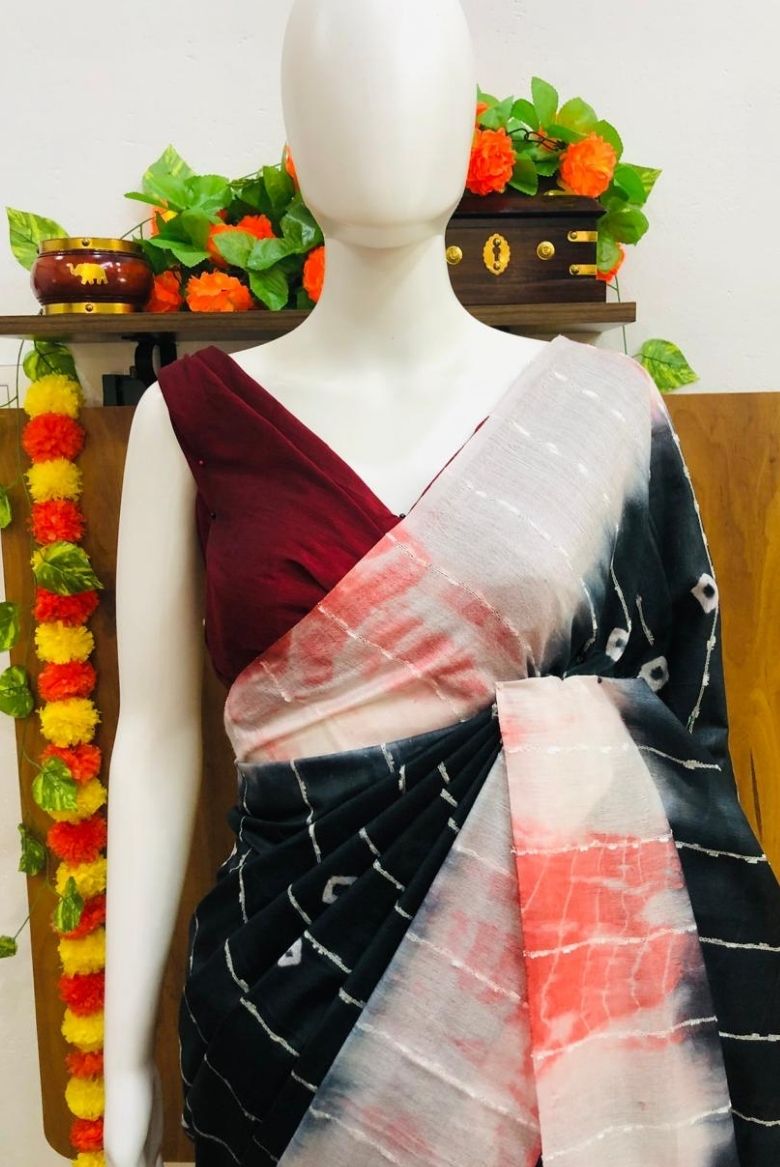 Elegant Black-White Kota Semi Tussar Bandini Tie & Dye Saree - Image 3