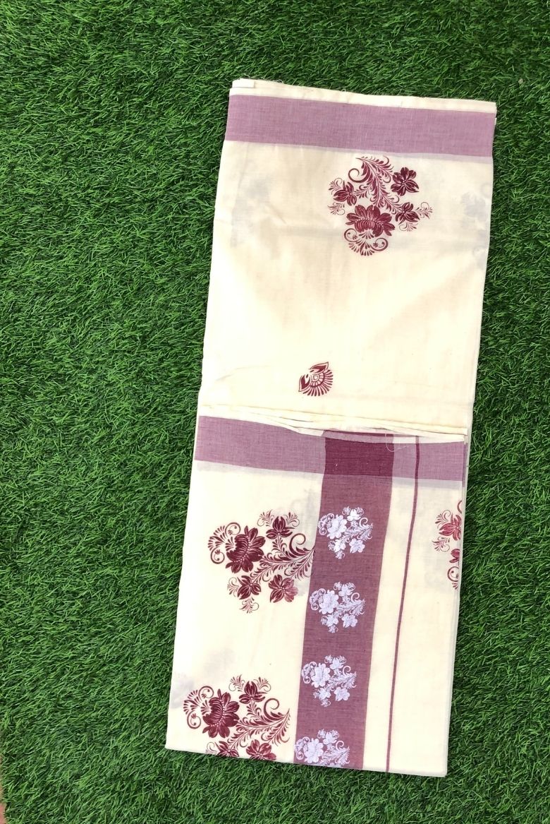 Kerala Cotton Set Saree With Maroon Floral Prints - Image 3