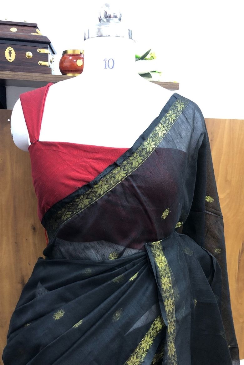 Earthy Black Maheswari Silk Cotton Saree - Image 3