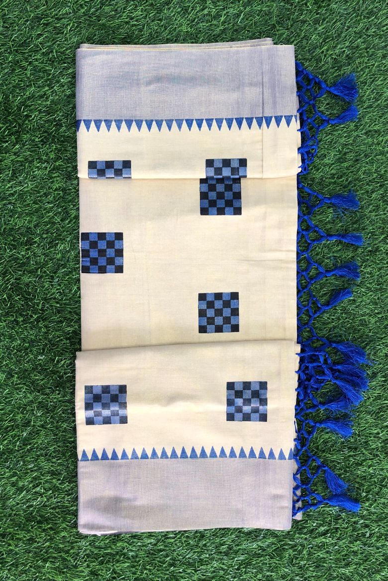 Kerala Handloom Tissue Set Saree with Royal Blue Geometric Prints - Image 2