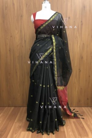 Earthy Black Maheswari Silk Cotton Saree
