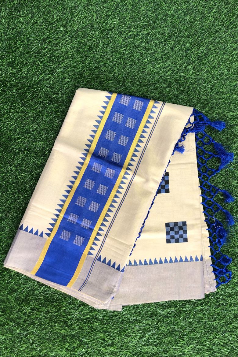 Kerala Handloom Tissue Set Saree with Royal Blue Geometric Prints - Image 3
