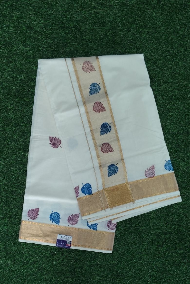 Elegant Kerala Cotton Set Saree with Gold Kasavu Border and Multicolor Leaf Prints - Image 3