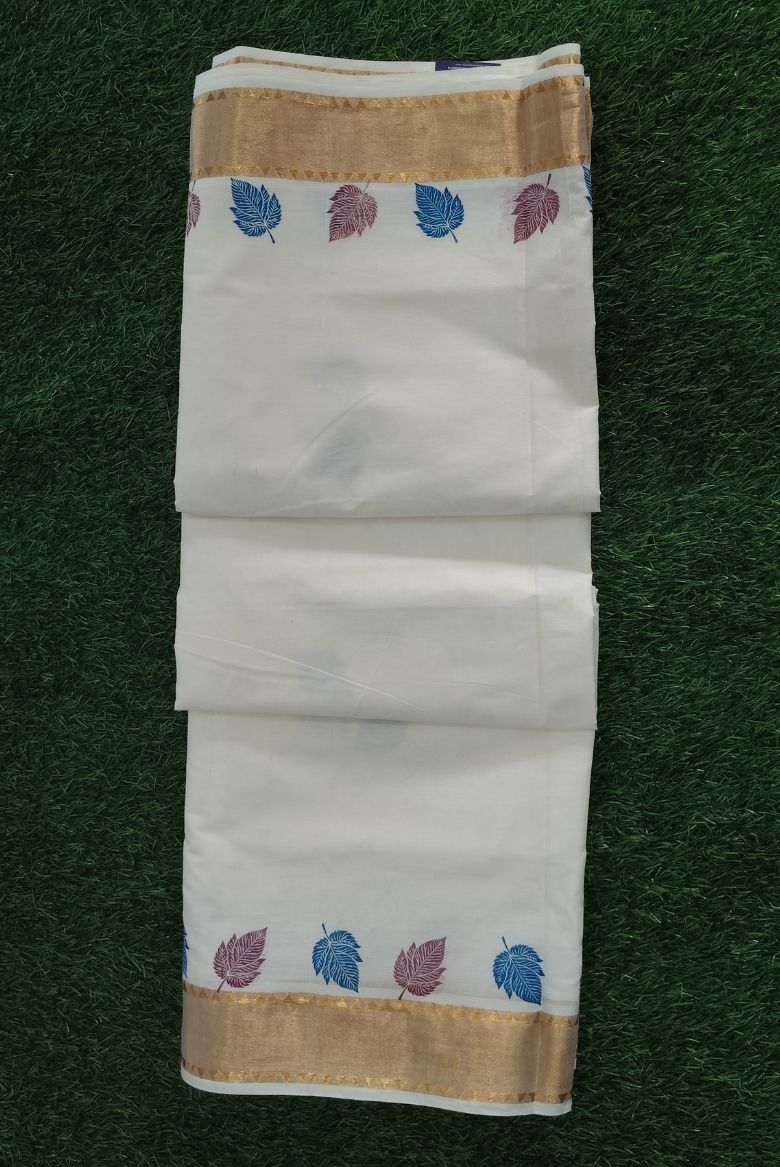 Elegant Kerala Cotton Set Saree with Gold Kasavu Border and Multicolor Leaf Prints - Image 2