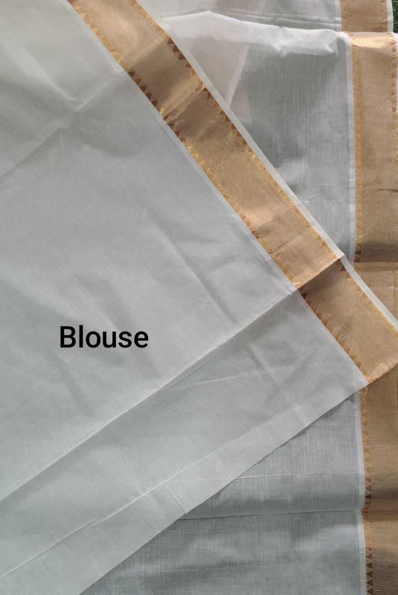 Elegant Kerala Cotton Set Saree with Gold Kasavu Border and Multicolor Leaf Prints - Image 4