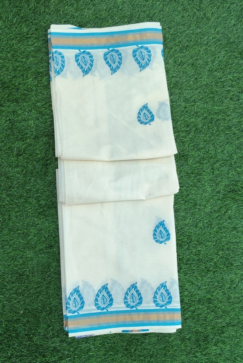 Stunning Blue-Bordered Cotton Set Saree With Traditional Leaf Prints - Image 2