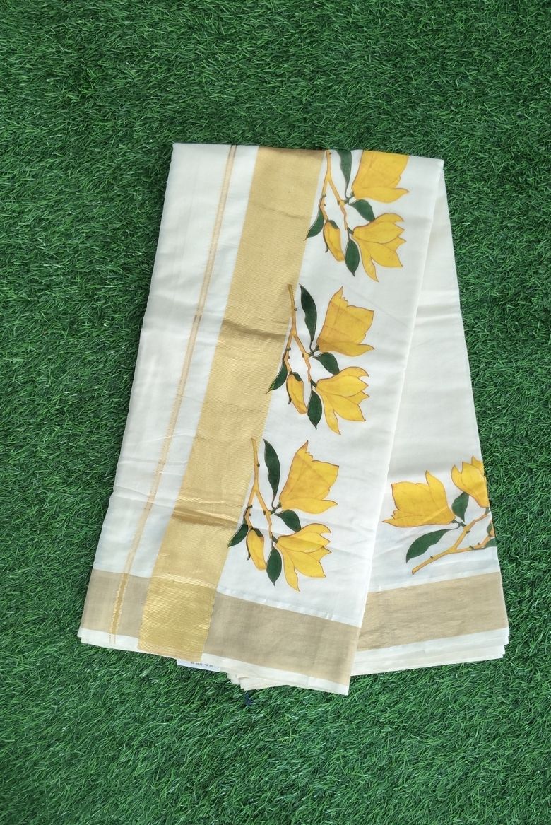 Elegant Kerala Kasavu Saree with Hand-Painted Yellow Florals - Image 3