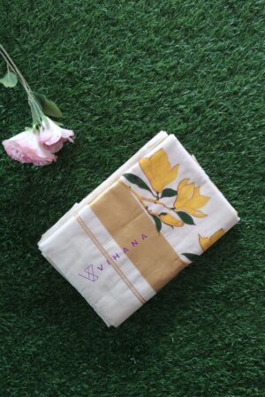 Elegant Kerala Kasavu Saree with Hand-Painted Yellow Florals