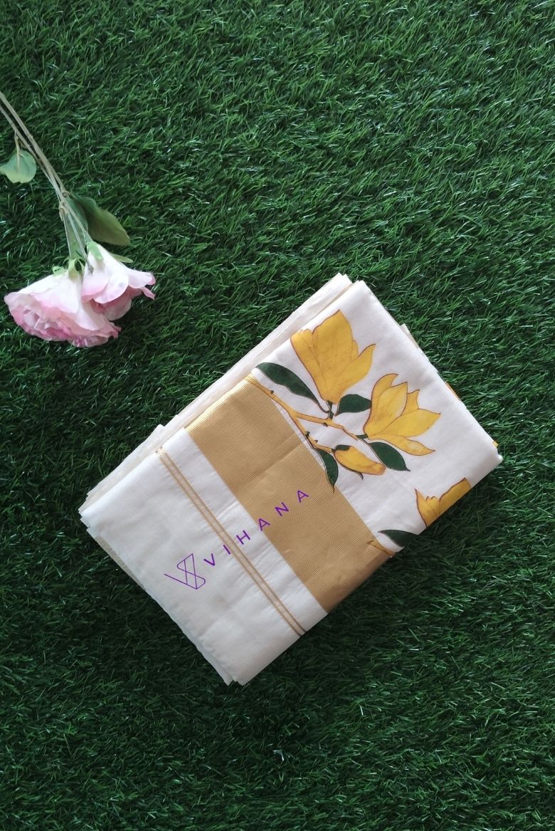 Elegant Kerala Kasavu Saree with Hand-Painted Yellow Florals