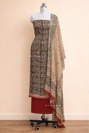 Modal Muslin Silk Bagru Print Salwar Suit Material -Black Paisley Elegance