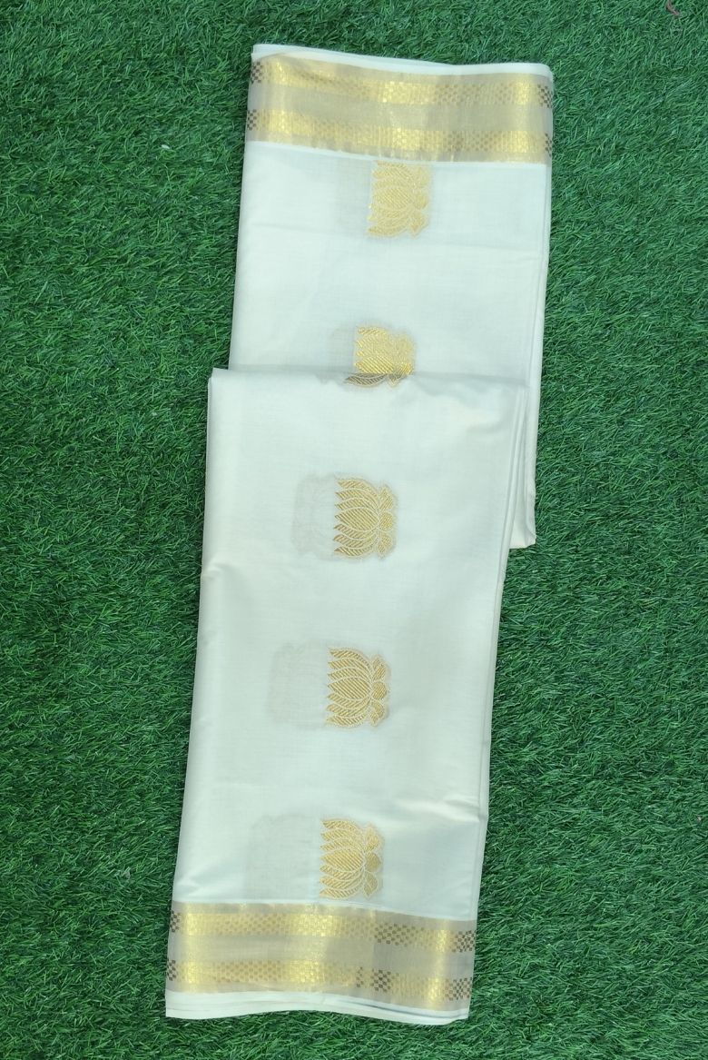 Kerala Handloom Heavy Jacquard Gold Design Set Saree - Image 2