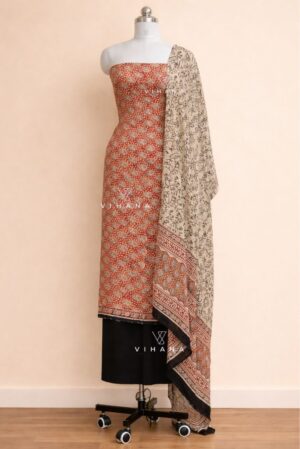 Modal Muslin Silk Bagru Print Salwar Suit Material – Rust Orange Floral Elegance