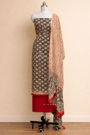 Modal Muslin Silk Bagru Print Salwar Suit Material – Black Floral Elegance