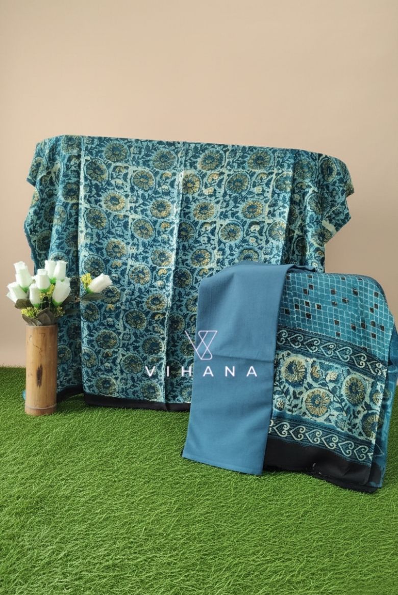 Luxurious Vanaspati Modal Muslin Silk Blue Ajrak Print Unstitched Suit Material