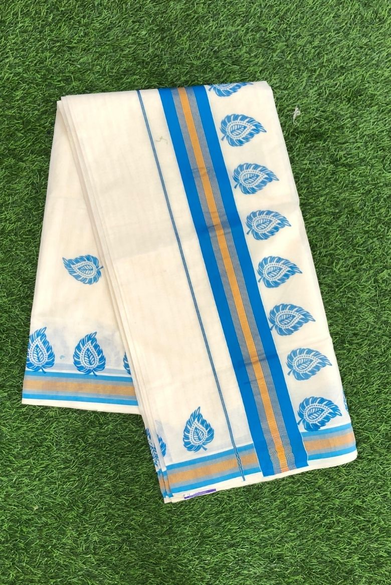 Stunning Blue-Bordered Cotton Set Saree With Traditional Leaf Prints - Image 4