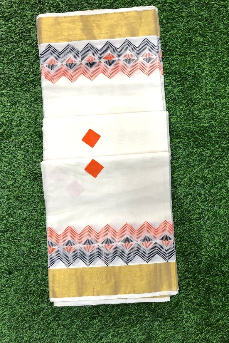 Handloom Cotton Set Saree with modern geometric prints - Image 2