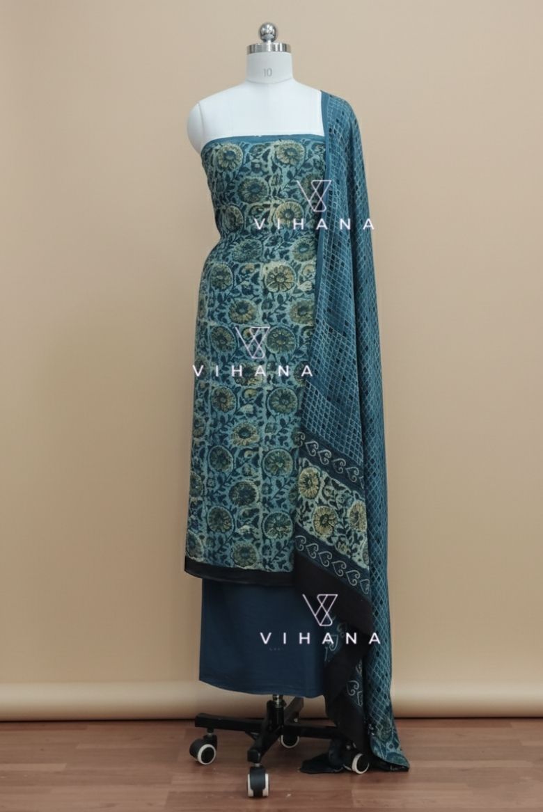 Luxurious Vanaspati Modal Muslin Silk Blue Ajrak Print Unstitched Suit Material - Image 2