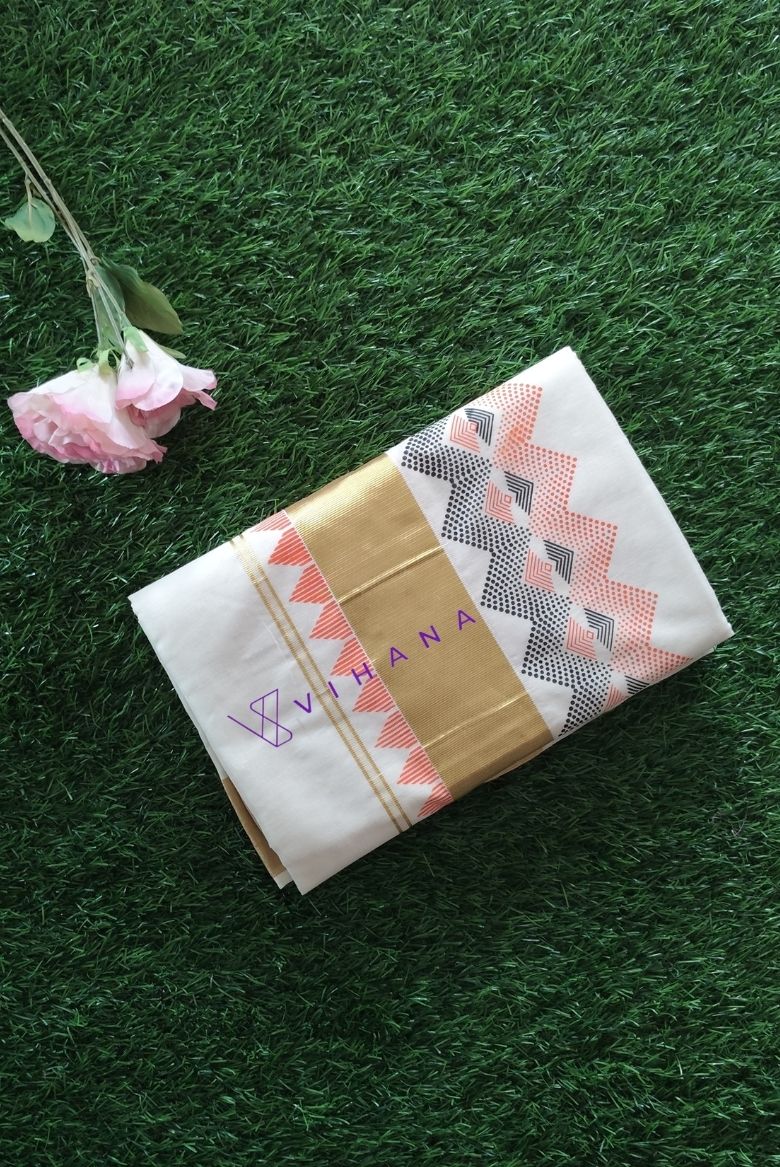 Handloom Cotton Set Saree with modern geometric prints